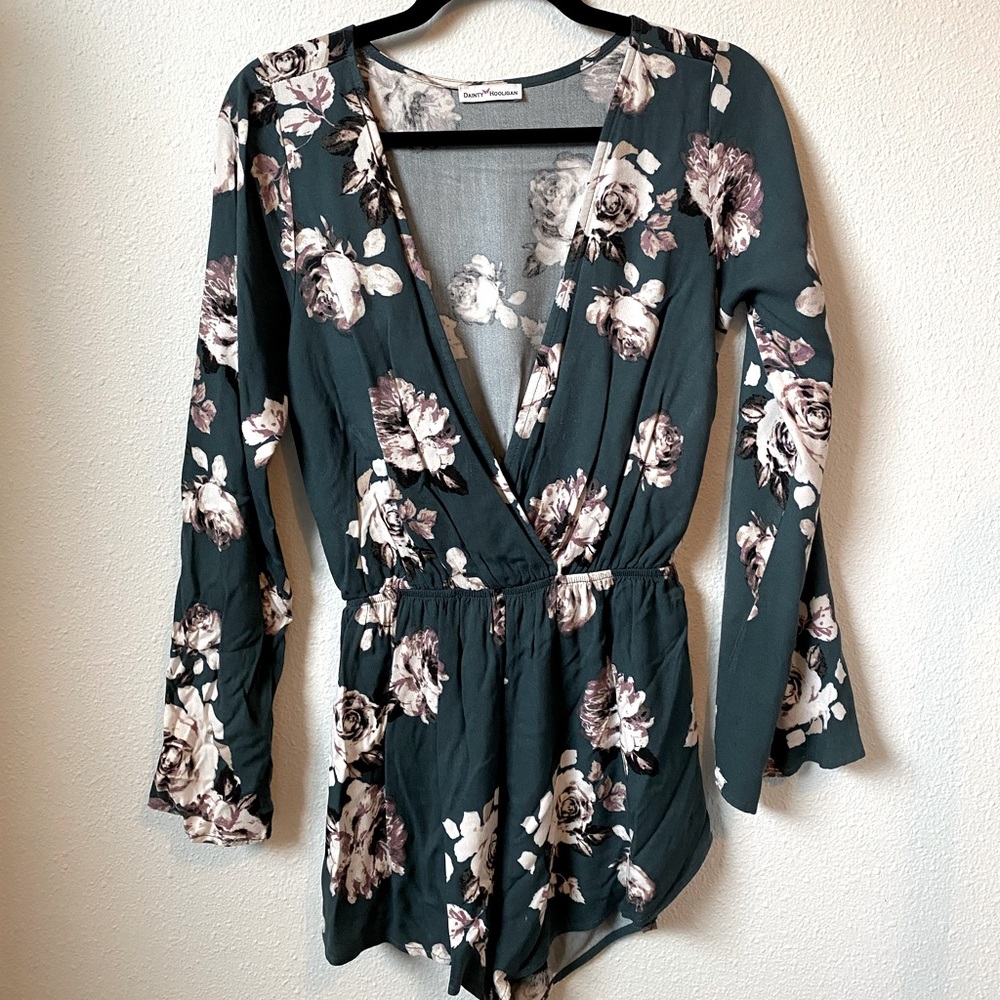 Teal/blue floral romper with long sleeves